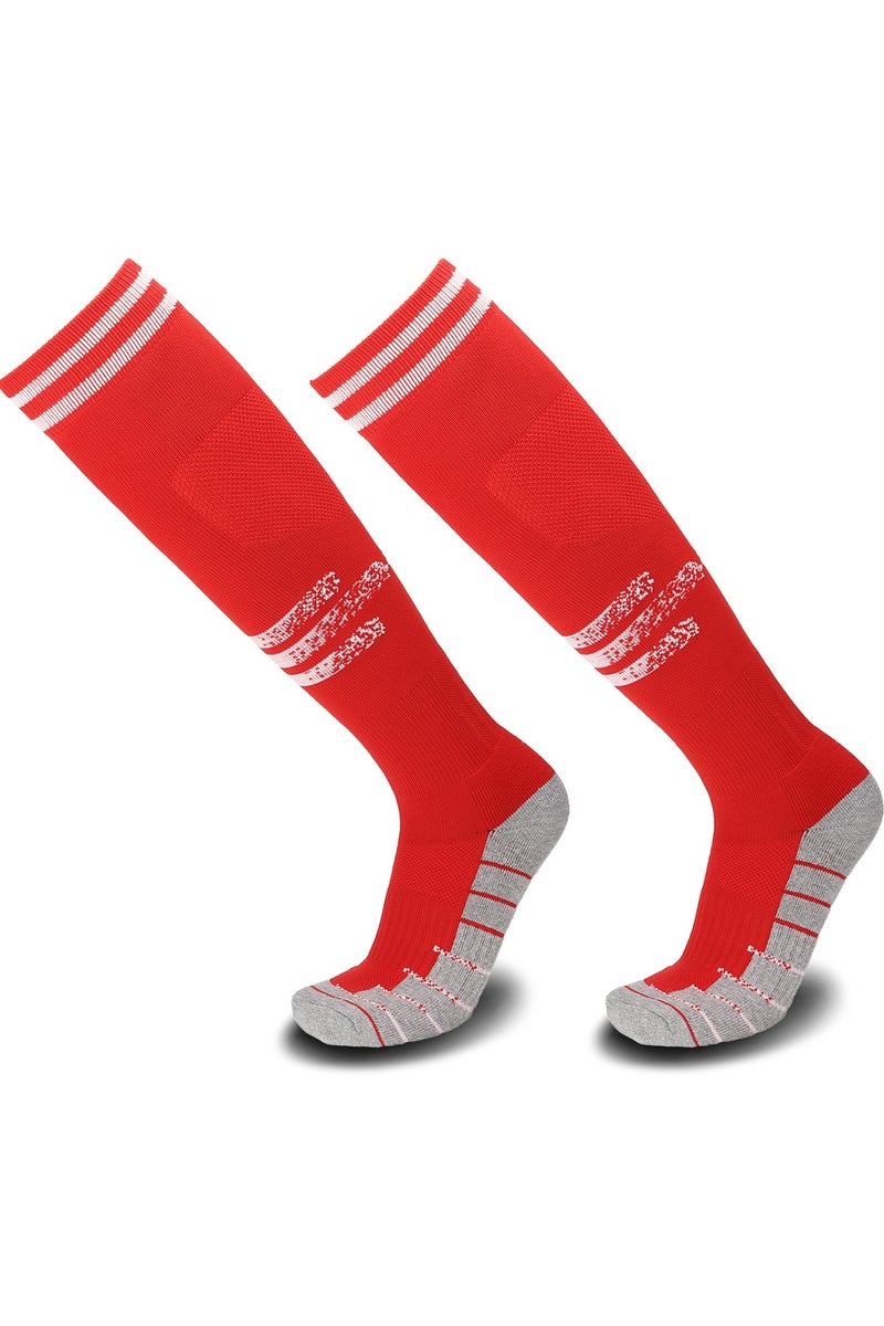 جناح السماء جوارب كرة قدم، جوارب رياضية طويلة للركبة، جوارب رياضية ضاغطة للساق للرجال والنساء، جوارب رياضية سميكة للتدفئة والجري وكرة القدم - أحمر - زوجان - Image 1