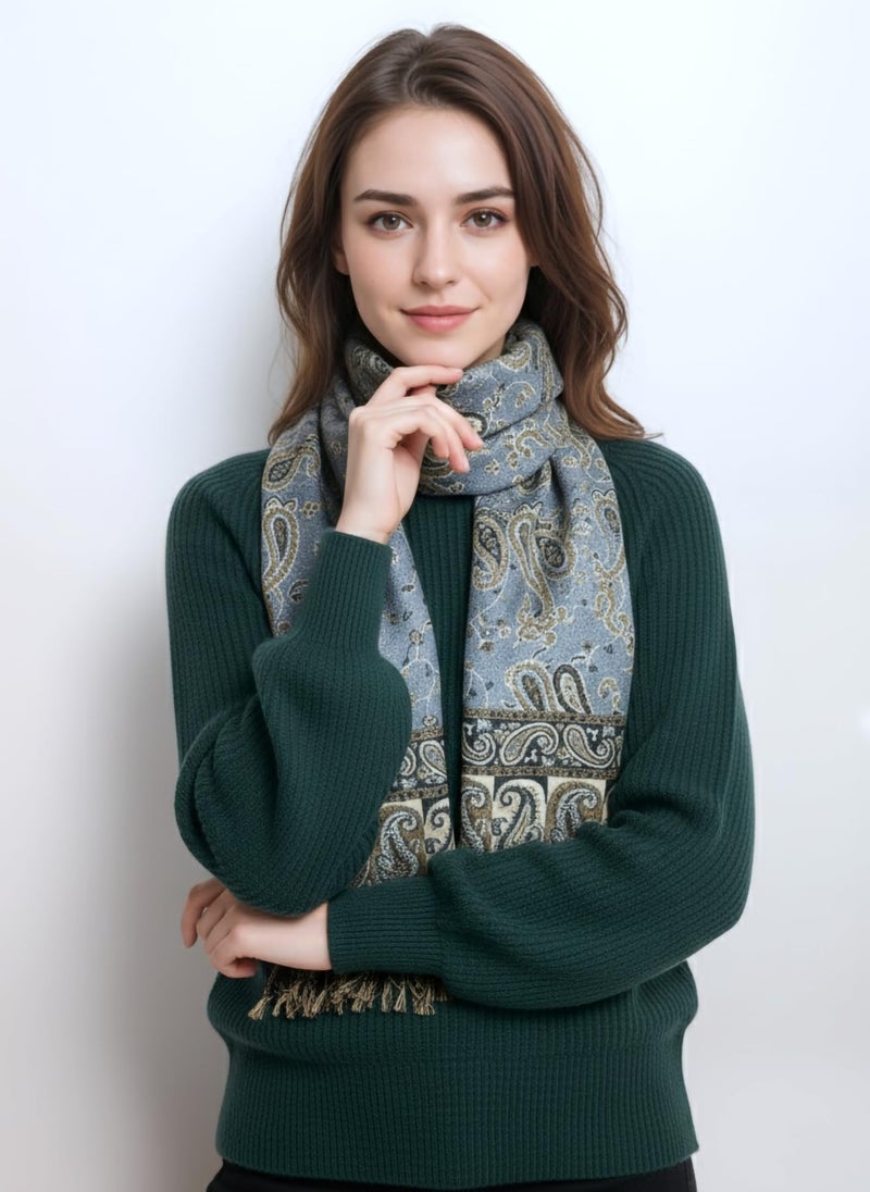 Achillea شال باهظ من الباشمينا القابل للعكس بتصميم بايسلي ناعم وحريري مع أطراف (أزرق فولاذي) - Image 2