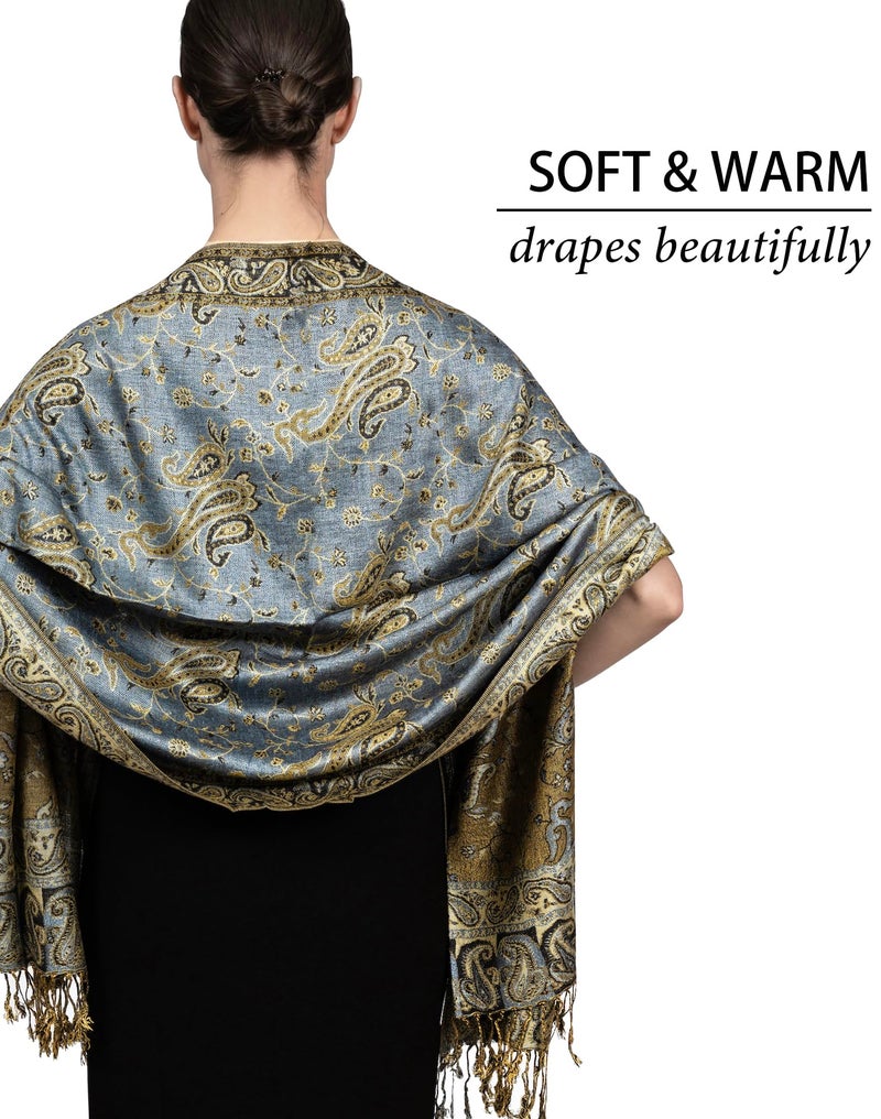 Achillea شال باهظ من الباشمينا القابل للعكس بتصميم بايسلي ناعم وحريري مع أطراف (أزرق فولاذي) - Image 5