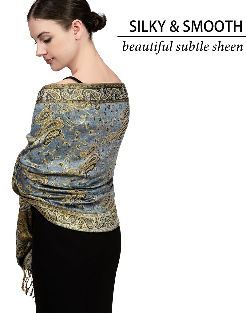 Achillea شال باهظ من الباشمينا القابل للعكس بتصميم بايسلي ناعم وحريري مع أطراف (أزرق فولاذي) - Image 3