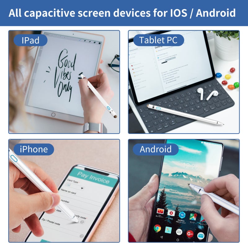 قلم سطوع سعبي نشط متوافق مع أجهزة iOS و Android، قلم رسم للهواتف المحمولة والأجهزة اللوحية، قلم لمس الشاشات، رأس قماشي عالمي، لون أبيض + غطاء قلم نحاسي - Image 2