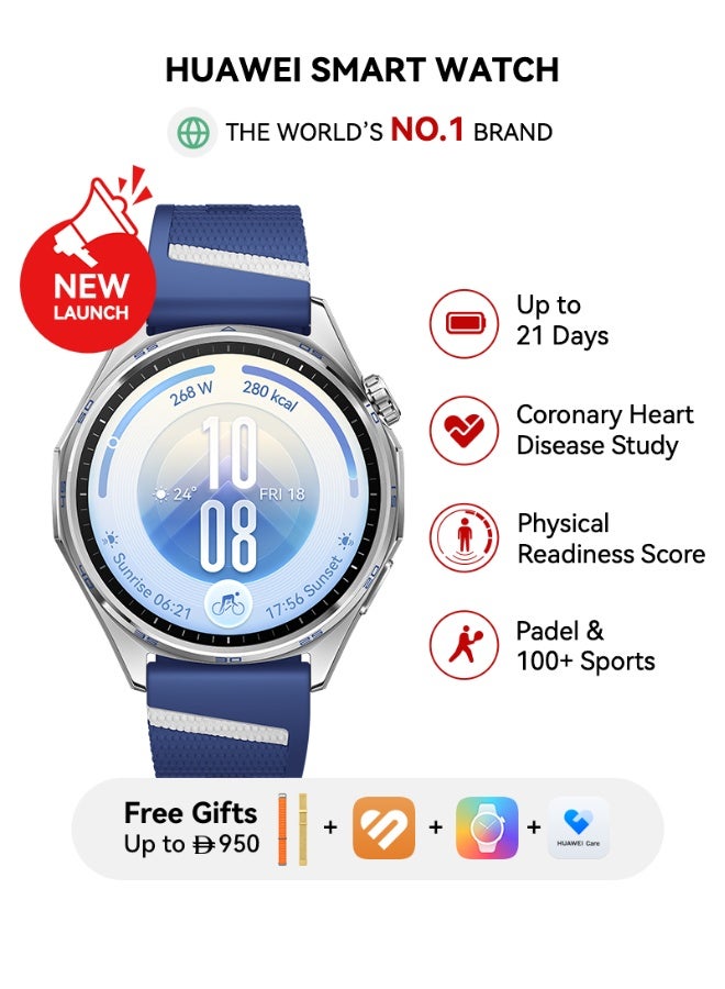 هواوي HUAWEI WATCH GT7 46mm Smart Watch, Upto 21 Days of Battery Life, Compatible with iOS & Android, ECG, Heart Rate Monitoring, 100+ Sports Modes, Physical Readiness Score, EasyCross Strap, Blue + FOC - Image 1