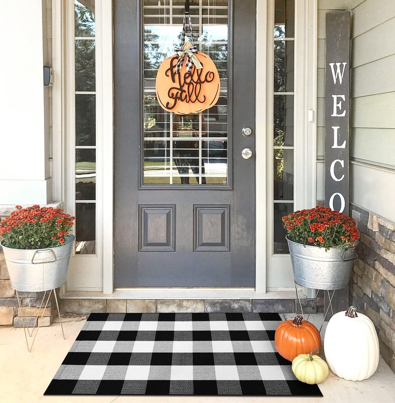 Kozyfly Buffalo Plaid Area Rugs 2X3 Ft Black And White Checkered Rug Washable Front Door Mat Hand Woven Cotton Outdoor Rug Small Rug For Front Porch Kitchen Entryway Patio Bathroom - Image 1