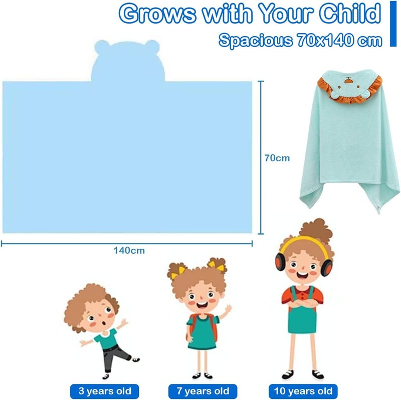 يام لوك منشفة حمام للأطفال مع غطاء رأس مقاس 70x140 سم - صوف مرجاني فائق الامتصاص، تصميم أسد لطيف، سريعة الجفاف للاستخدام في المسبح والشاطئ، مثالية للأطفال من 3 إلى 10 سنوات، أزرق مخضر - Image 5