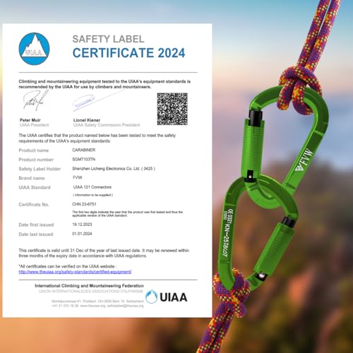 FVW Auto Locking Rock Climbing Carabiner ClipsUIAA Certified Professional 25KN 5620 lbs Heavy Duty Caribeaners for Rappelling Swing Rescue Gym etc Large Carabiners DShaped Green 10Pack - Image 3