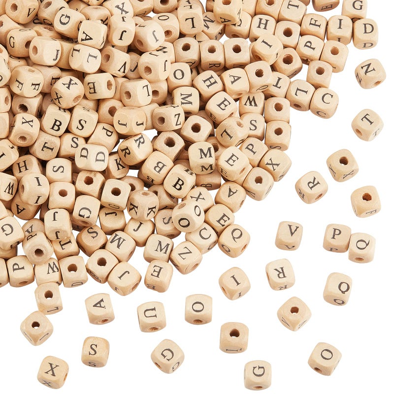 PH PandaHall 1060pcs 10mm Alphabet Wooden Beads Random Natural Square Wooden Beads 34mm Hole Wood Loose Bead with Initial Letter Cube Bead for Jewelry Making and DIY Projects