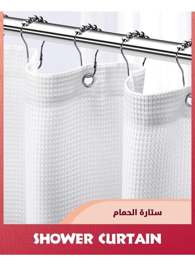 ستارة دش,72x72 بوصة(180x180cm) ستائر دش للحمام مع تصميم الوافل,ستارة دش النسيج الأبيض المقاوم للماء مع 12pcs Hooks,الأبيض - Image 1
