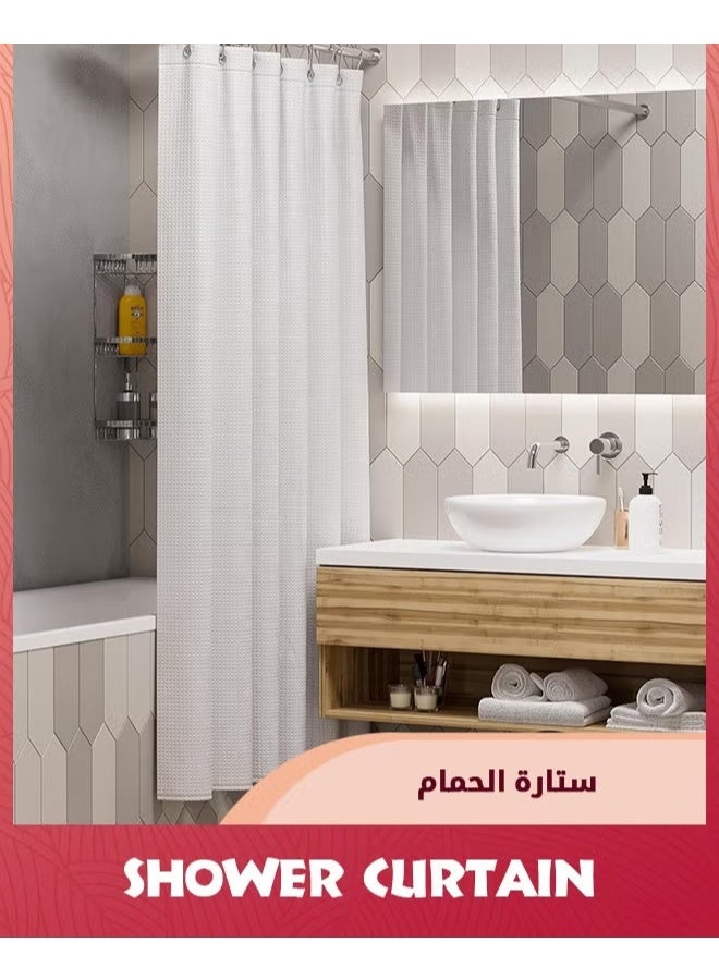 ستارة دش,72x72 بوصة(180x180cm) ستائر دش للحمام مع تصميم الوافل,ستارة دش النسيج الأبيض المقاوم للماء مع 12pcs Hooks,الأبيض - Image 2
