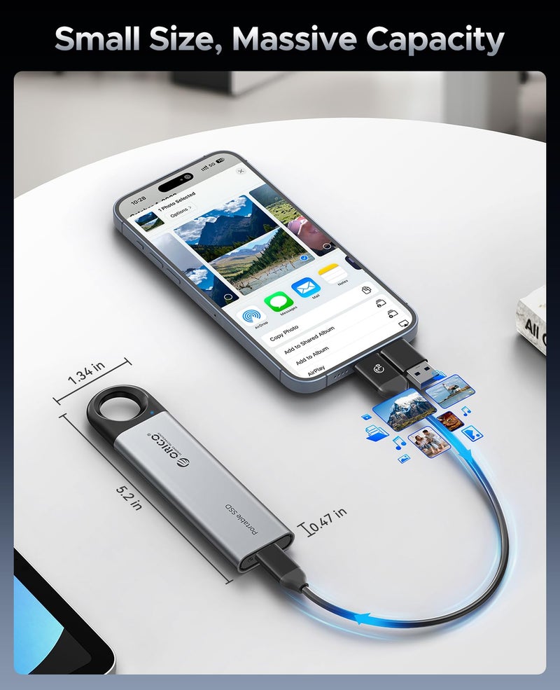 ORICO 512GB External SSD Up to 1050MB/s, Hanging Hole Design Portable Solid State Drive, USB C&A 2 in 1 Cable, Reliable Storage for Type-C Smartphone, Tablets, Laptops - C10 - Image 2
