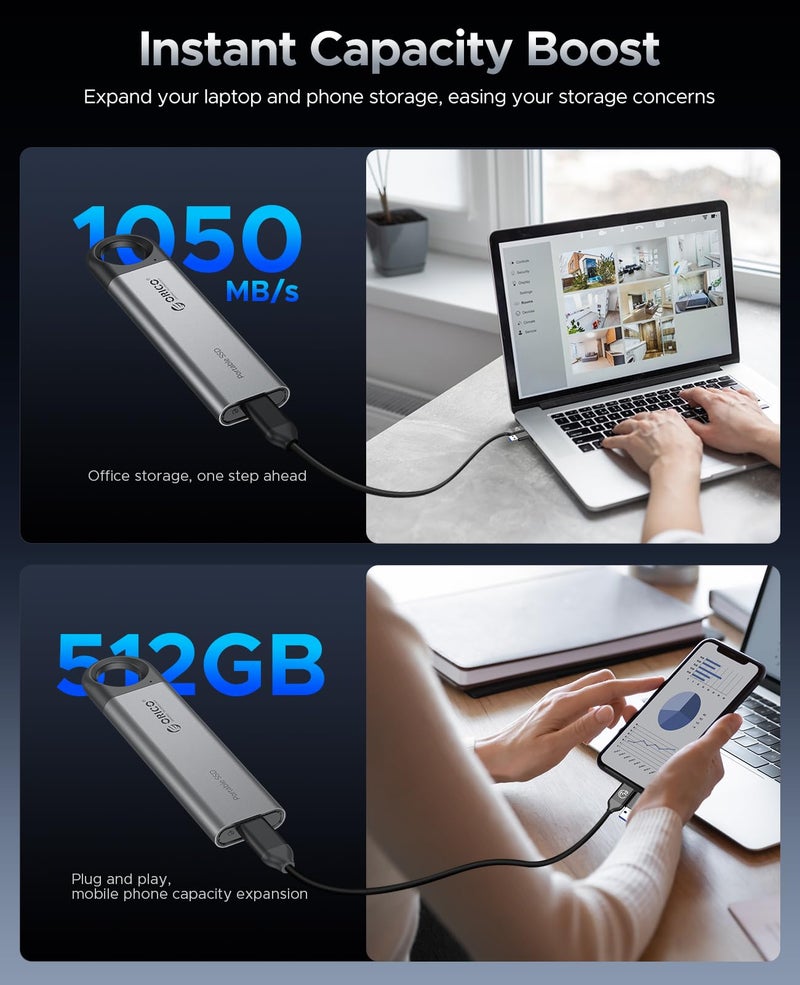 ORICO 512GB External SSD Up to 1050MB/s, Hanging Hole Design Portable Solid State Drive, USB C&A 2 in 1 Cable, Reliable Storage for Type-C Smartphone, Tablets, Laptops - C10 - Image 4