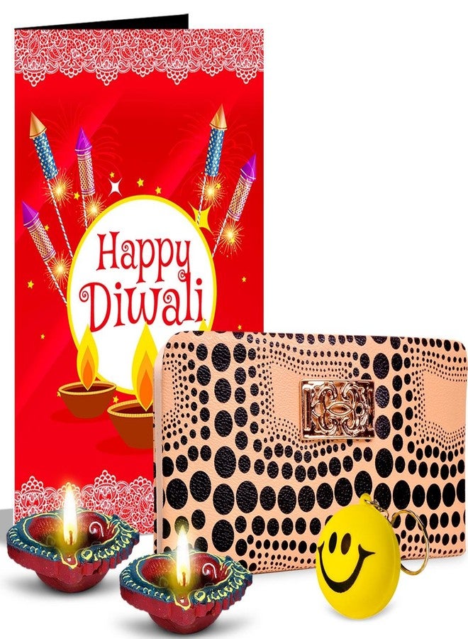 Alwaysgift Happy Diwali 2 Diyas, Ladies Wallet, Smiley Keychain,s & Greeting Card Combo Set - Image 1