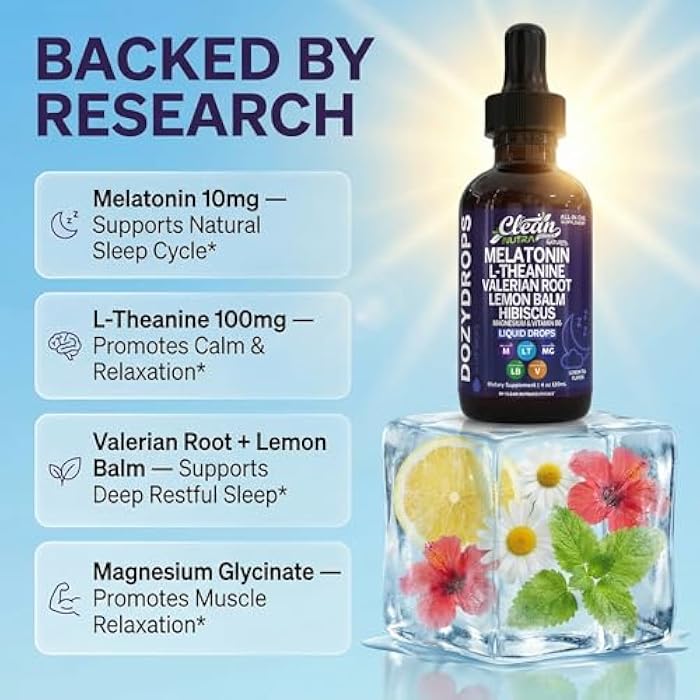 Clean Nutraceuticals Clean Nutra Melatonin 10mg Drops Magnesium Vitamin B6 L-Theanine Valerian Hibiscus Lemon Balm Supplement Liquid Sugar-Free Vegan Non-GMO Natural Sleep Support Aid Lemon Tea Flavor 120mL Formula - Image 3