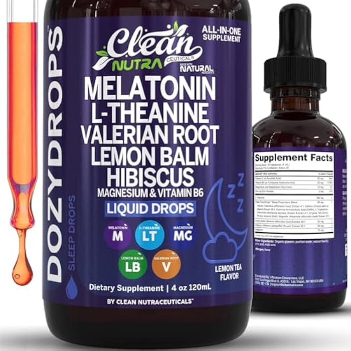 Clean Nutraceuticals Clean Nutra Melatonin 10mg Drops Magnesium Vitamin B6 L-Theanine Valerian Hibiscus Lemon Balm Supplement Liquid Sugar-Free Vegan Non-GMO Natural Sleep Support Aid Lemon Tea Flavor 120mL Formula - Image 1