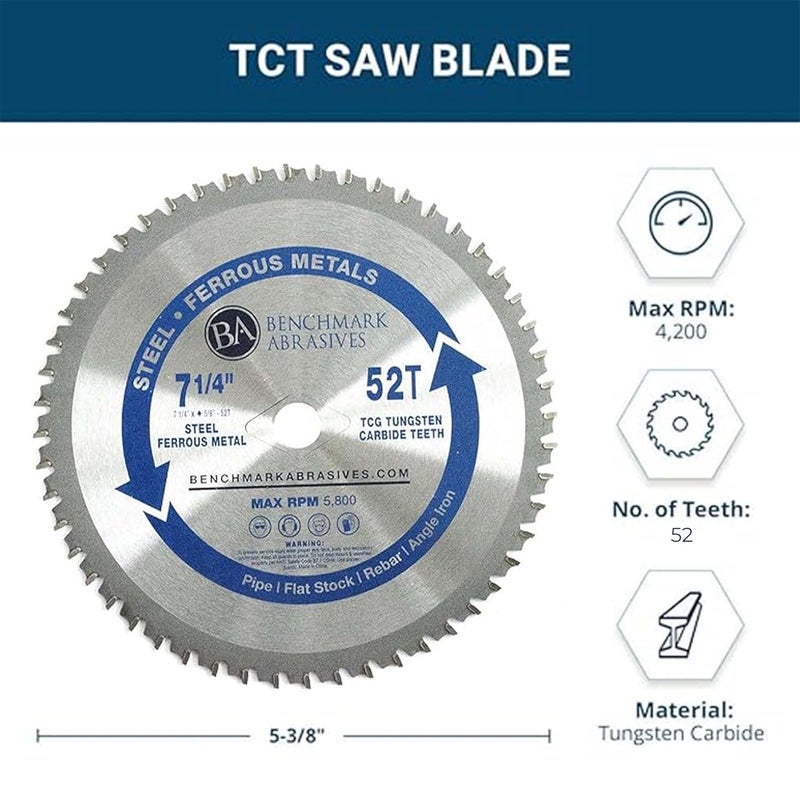 Benchmark Abrasives شفرة منشار دائري TCT 7 1/4 بوصة، مزودة بطرف من كربيد التنجستن لقطع المعادن، شفرة منشار ميتري (7-1/4" 52 سن) لقطع المعادن، الفولاذ المقاوم للصدأ، والمعادن الحديدية. - Image 5