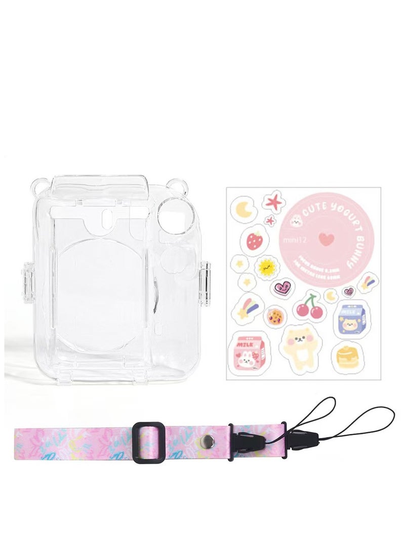 Clear Case Storage Case Compatible with Fujifilm Instax Mini 12 Instant Camera Accessories with Films Pocket Photo Holder，Sticker Decal and Adjustable Shoulder Strap