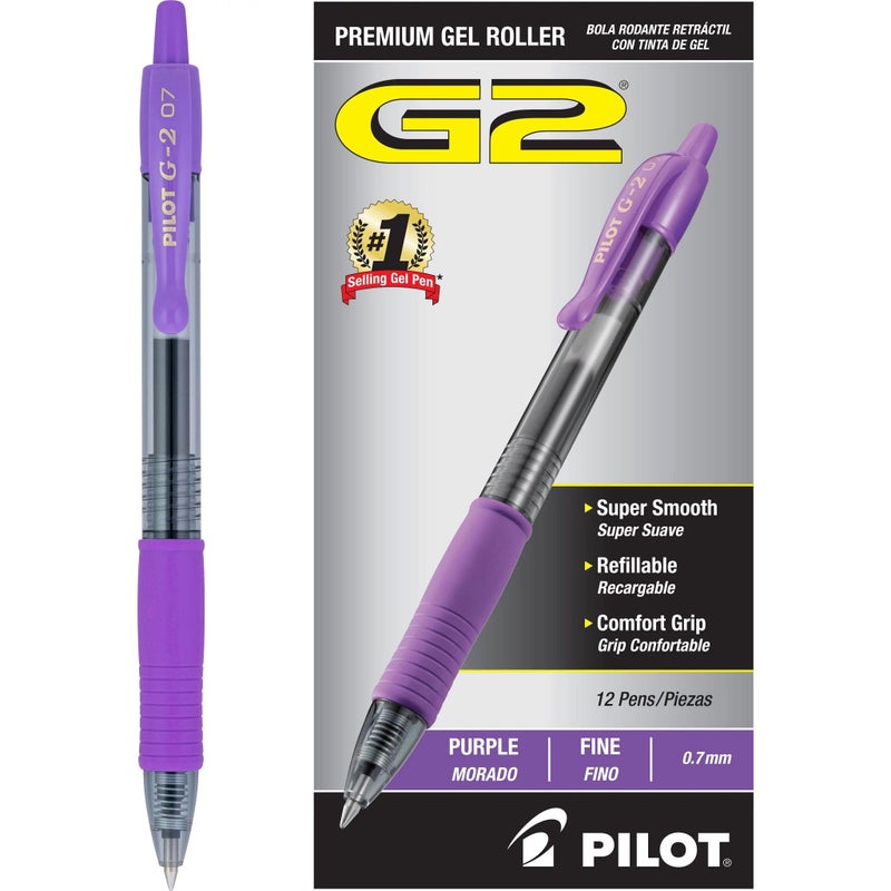 Pilot G2 Premium Gel Roller Pens, Fine Point 0.7 mm, Purple Ink Pens Fine Point, Pack of 12 - Ideal for School, Journaling, and Office Writing - Image 1