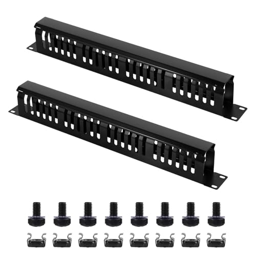 Moocci 2 Pack 19 Inch 1U Server Rack Cable Management -24 Slot Horizontal Rack Mount Cable Manager with Rack Screws - Cable Raceway Wire Duct Channel Track Cord Organizer with Cover for Server Rack & Cabinet - Image 1
