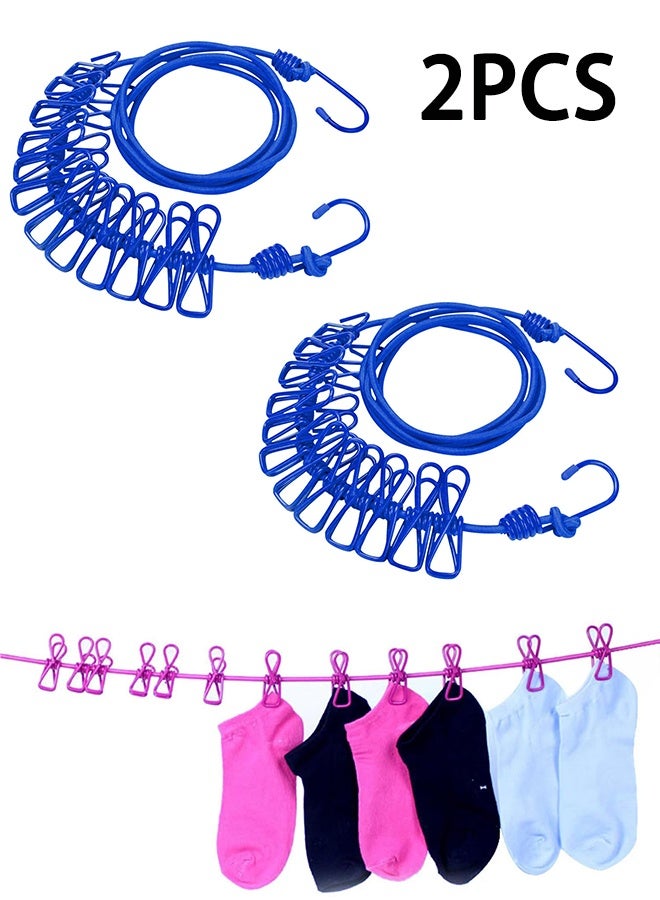 2PCS Retractable Portable Clothesline with 12 Clothespins for Indoor Laundry Drying, Outdoor Camping Accessories (Blue) - Image 1