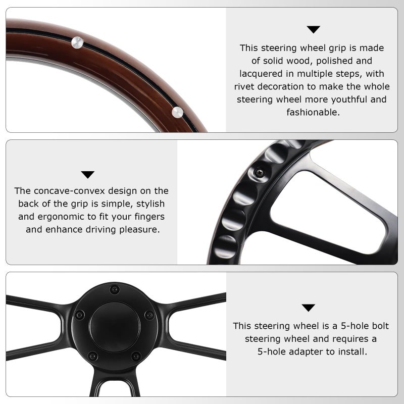 QYMOPAY 5 Hole 3 Spoke Vintage Steering Wheel, 14 inch Universal 5 Hole Racing Steering Wheel, Fits most 5-hole steering wheel hub adapters - Image 3