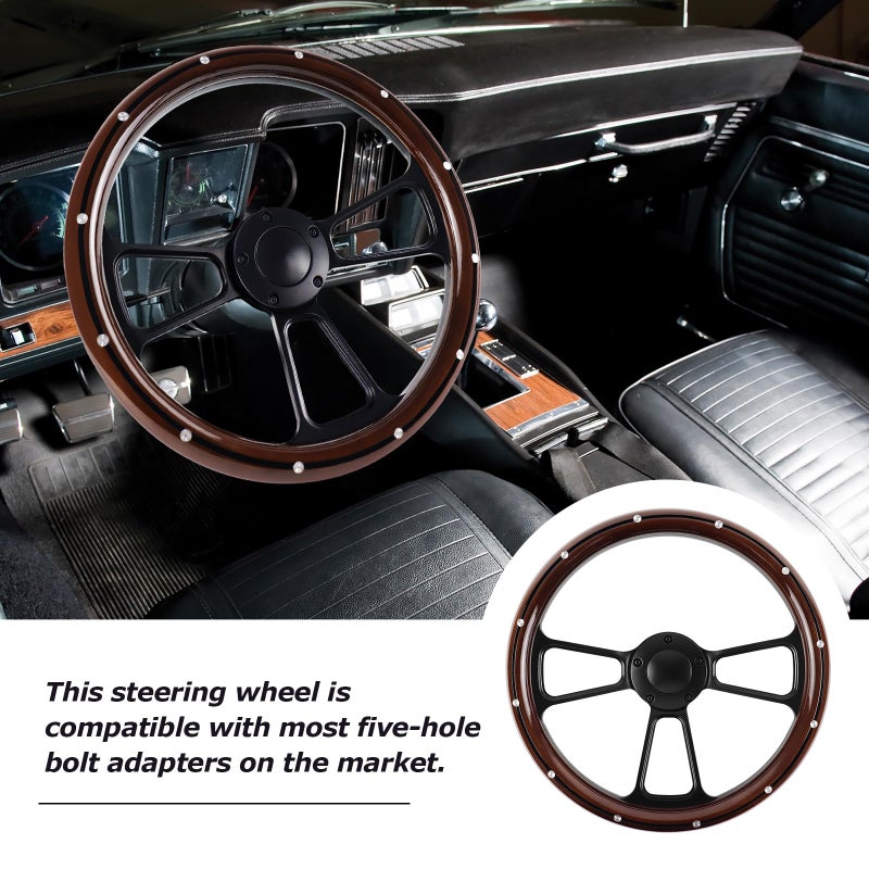 QYMOPAY 5 Hole 3 Spoke Vintage Steering Wheel, 14 inch Universal 5 Hole Racing Steering Wheel, Fits most 5-hole steering wheel hub adapters - Image 5