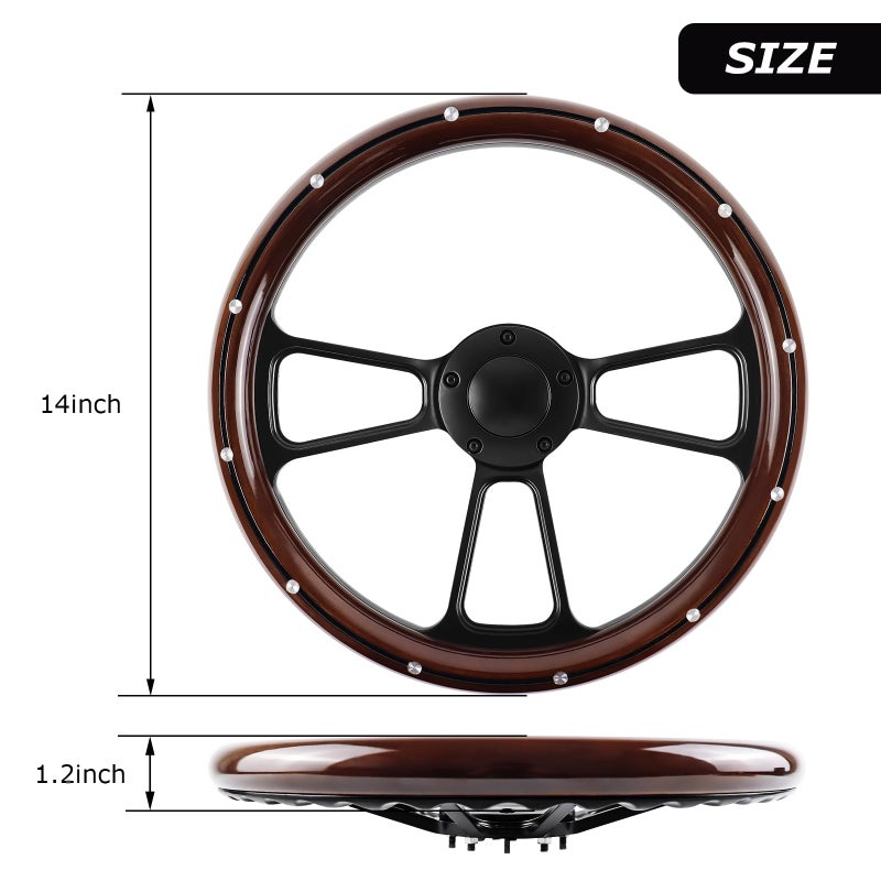 QYMOPAY 5 Hole 3 Spoke Vintage Steering Wheel, 14 inch Universal 5 Hole Racing Steering Wheel, Fits most 5-hole steering wheel hub adapters - Image 2