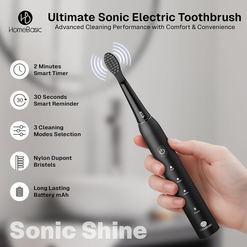 Home Basic فرشاة أسنان كهربائية للرجال والنساء والأطفال والبالغين | 6 رؤوس فرشاة، أوضاع تنظيف ناعمة/عميقة/بيضاء، مؤقت ذكي، قابلة للشحن عبر USB-C ببطارية تدوم 50 يومًا | مقاومة للماء IPX7، حقيبة سفر (سونك شاين) - Image 2