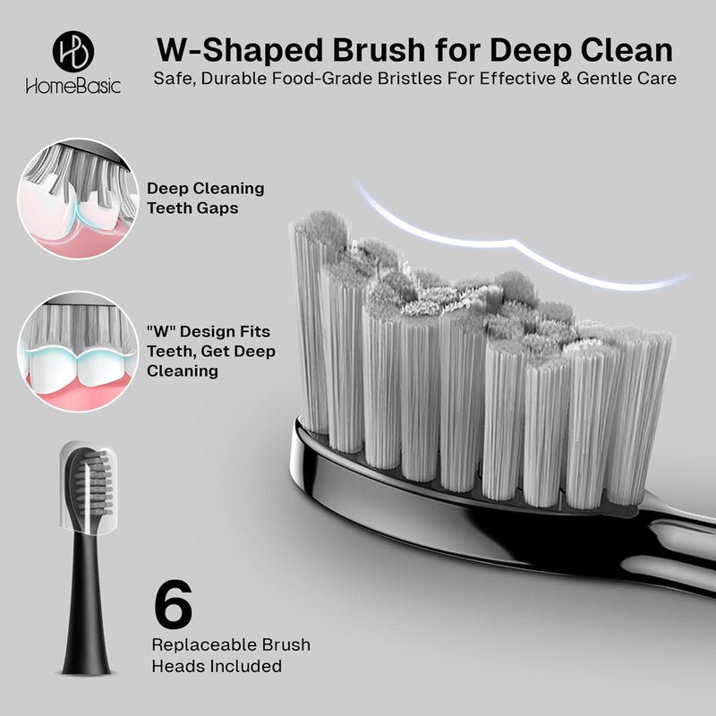 Home Basic فرشاة أسنان كهربائية للرجال والنساء والأطفال والبالغين | 6 رؤوس فرشاة، أوضاع تنظيف ناعمة/عميقة/بيضاء، مؤقت ذكي، قابلة للشحن عبر USB-C ببطارية تدوم 50 يومًا | مقاومة للماء IPX7، حقيبة سفر (سونك شاين) - Image 5
