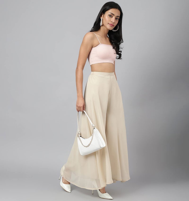 RATAN Women's Georgette Flared Freesize High Rise Sharara Palazzo Pant With Lining (Beige) -Free Size - Image 2