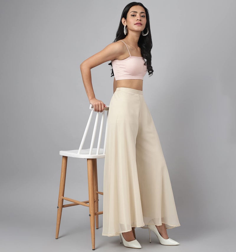 RATAN Women's Georgette Flared Freesize High Rise Sharara Palazzo Pant With Lining (Beige) -Free Size - Image 4
