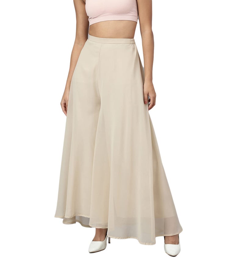 RATAN Women's Georgette Flared Freesize High Rise Sharara Palazzo Pant With Lining (Beige) -Free Size - Image 1