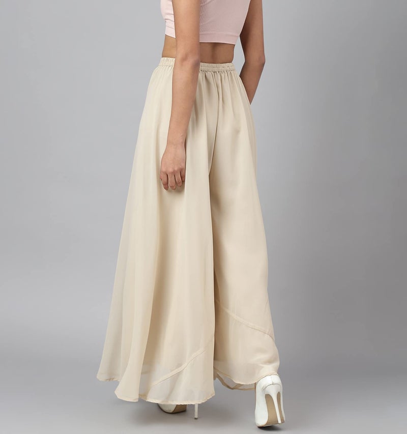RATAN Women's Georgette Flared Freesize High Rise Sharara Palazzo Pant With Lining (Beige) -Free Size - Image 3