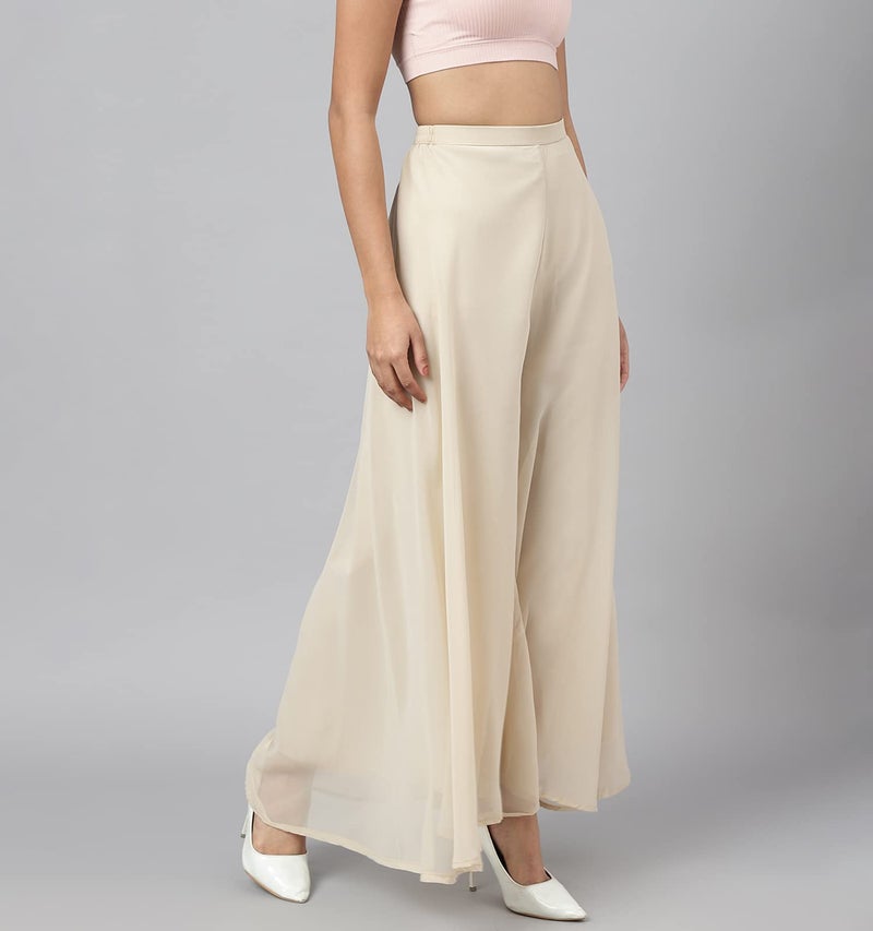 RATAN Women's Georgette Flared Freesize High Rise Sharara Palazzo Pant With Lining (Beige) -Free Size - Image 5