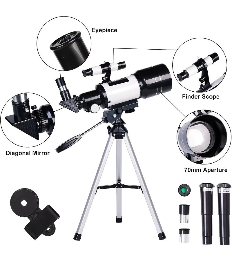 30070 Telescope Professional Astronomical AZM70300 High Definition Powerful Portable Tripod 93x Zoom White With Mobile Phone Holder - Image 4