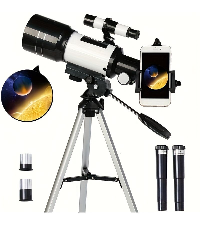 30070 Telescope Professional Astronomical AZM70300 High Definition Powerful Portable Tripod 93x Zoom White With Mobile Phone Holder - Image 1