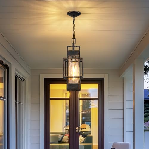 PARTPHONER 15" Outdoor Indoor Pendant Light Exterior Hanging Lantern, Modern Black Metal Outside Chandelier Light Fixture Ceiling Mount with Water Glass for Front Porch Entrance Foyer Entryway, Black Brush Gold - Image 2