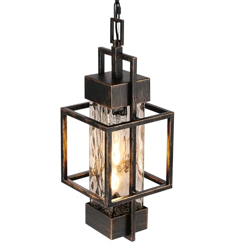 PARTPHONER 15" Outdoor Indoor Pendant Light Exterior Hanging Lantern, Modern Black Metal Outside Chandelier Light Fixture Ceiling Mount with Water Glass for Front Porch Entrance Foyer Entryway, Black Brush Gold - Image 1