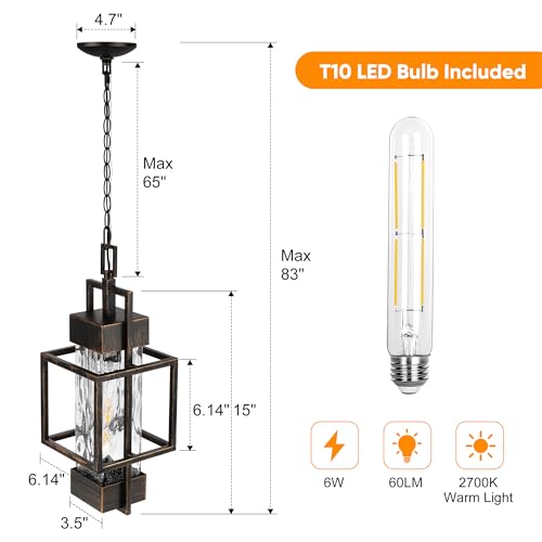 PARTPHONER 15" Outdoor Indoor Pendant Light Exterior Hanging Lantern, Modern Black Metal Outside Chandelier Light Fixture Ceiling Mount with Water Glass for Front Porch Entrance Foyer Entryway, Black Brush Gold - Image 4