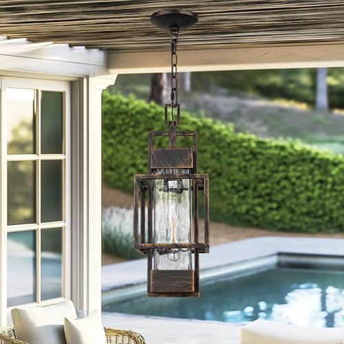 PARTPHONER 15" Outdoor Indoor Pendant Light Exterior Hanging Lantern, Modern Black Metal Outside Chandelier Light Fixture Ceiling Mount with Water Glass for Front Porch Entrance Foyer Entryway, Black Brush Gold - Image 5