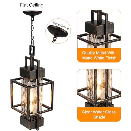 PARTPHONER 15" Outdoor Indoor Pendant Light Exterior Hanging Lantern, Modern Black Metal Outside Chandelier Light Fixture Ceiling Mount with Water Glass for Front Porch Entrance Foyer Entryway, Black Brush Gold - Image 3