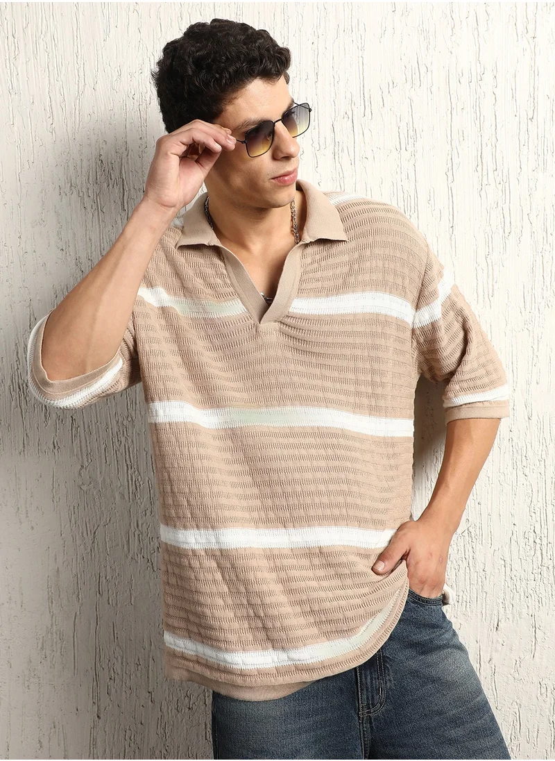 هوبرهولمي Striped Polo Collar Extended Sleeves Oversized T-shirt for Men