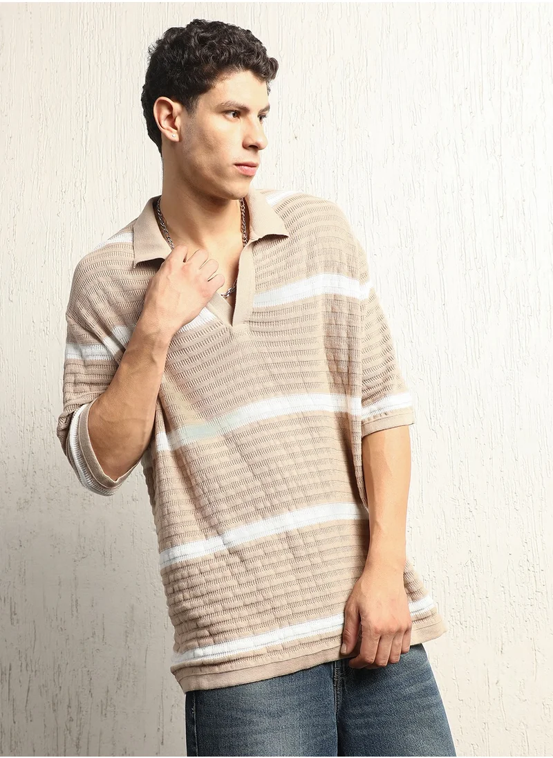 Hubberholme Striped Polo Collar Extended Sleeves Oversized T-shirt for Men