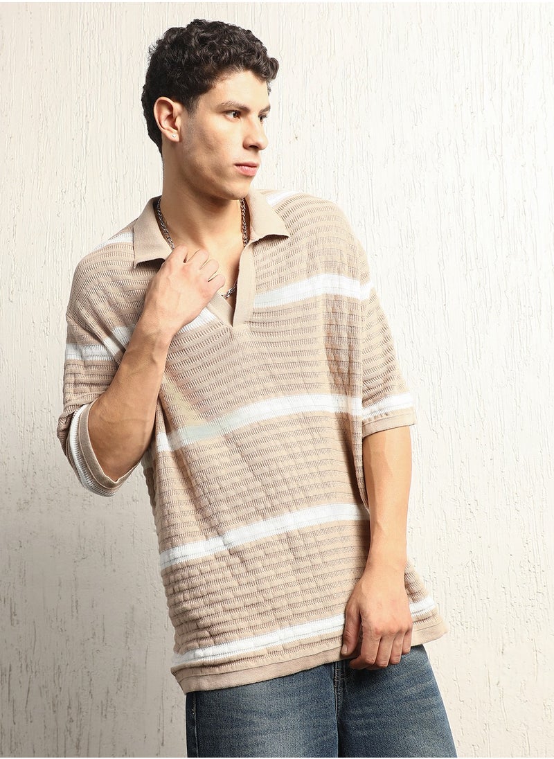 Hubberholme Striped Polo Collar Extended Sleeves Oversized T-shirt for Men  - Image 3