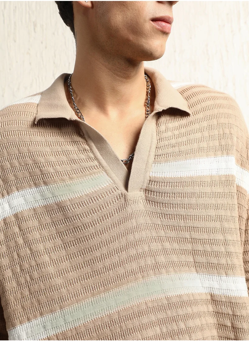 Hubberholme Striped Polo Collar Extended Sleeves Oversized T-shirt for Men