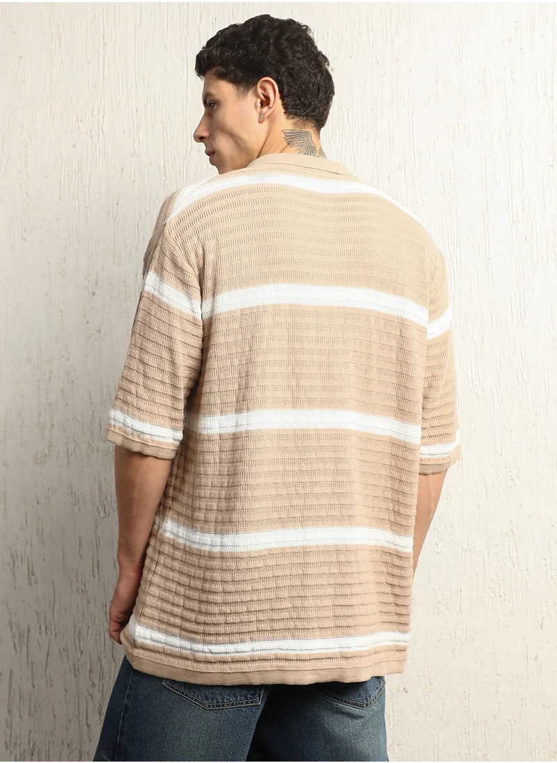 Hubberholme Striped Polo Collar Extended Sleeves Oversized T-shirt for Men