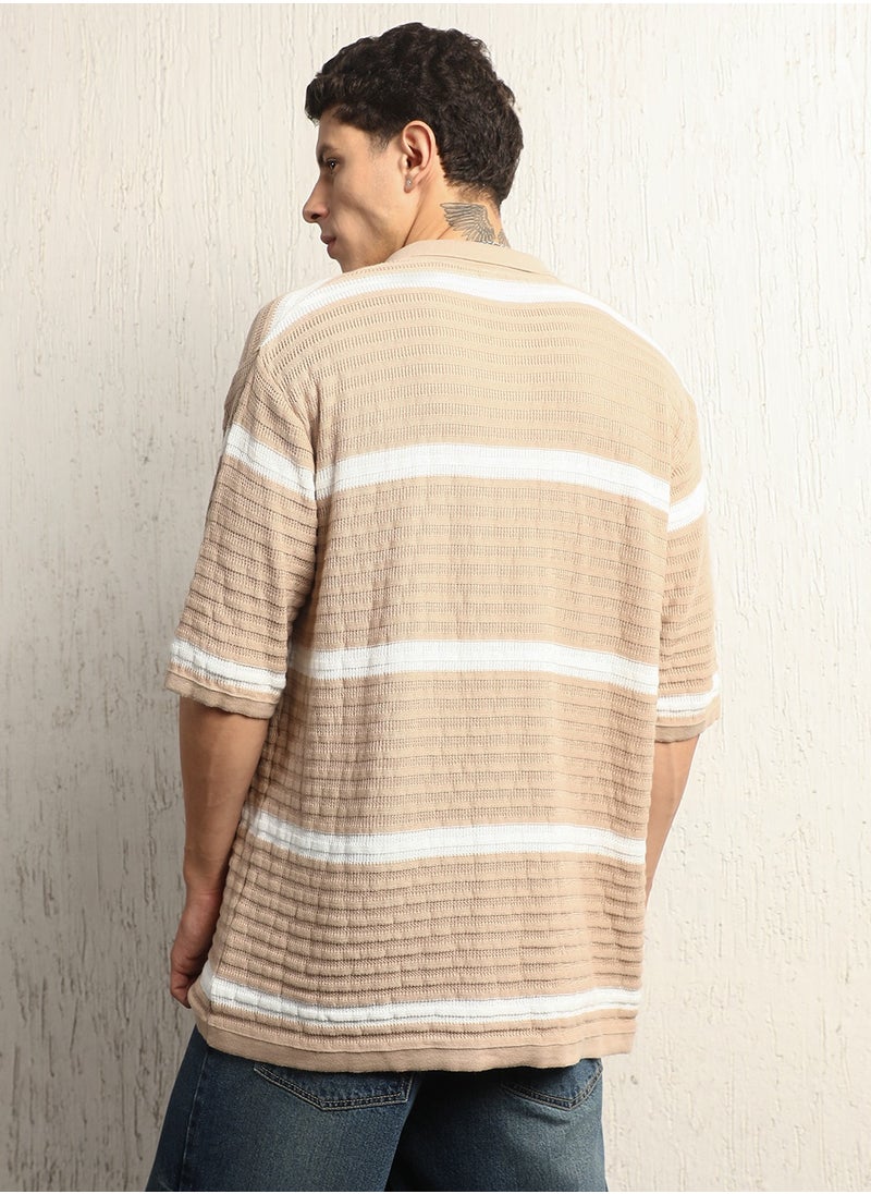 Hubberholme Striped Polo Collar Extended Sleeves Oversized T-shirt for Men  - Image 5