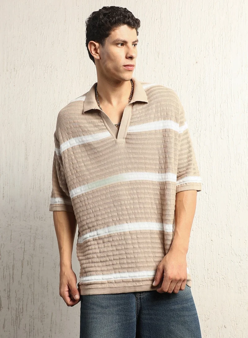 هوبرهولمي تيشيرت رجالي مقاس كبير بياقة بولو مخططة وأكمام ممتدة