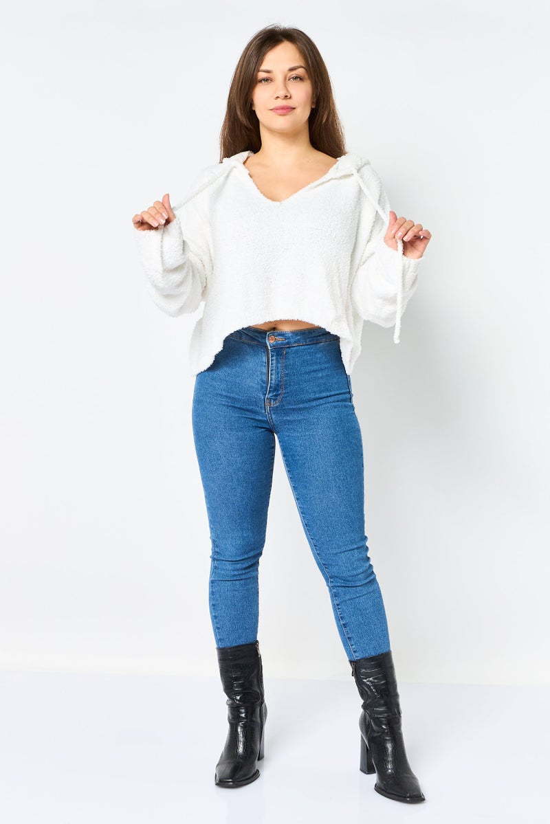 NIA Women Hooded Solid Sweater, White - Image 2