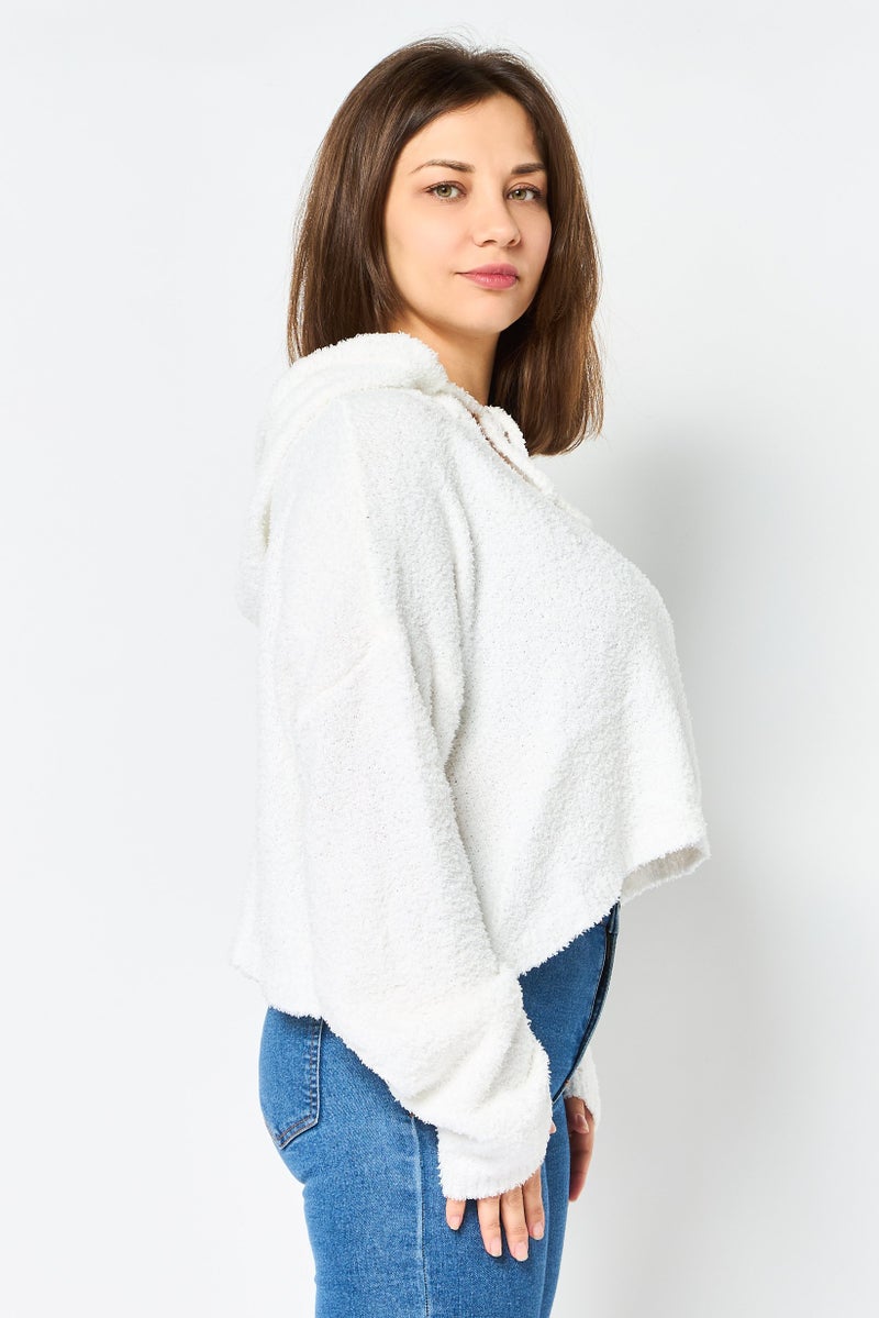 NIA Women Hooded Solid Sweater, White - Image 3