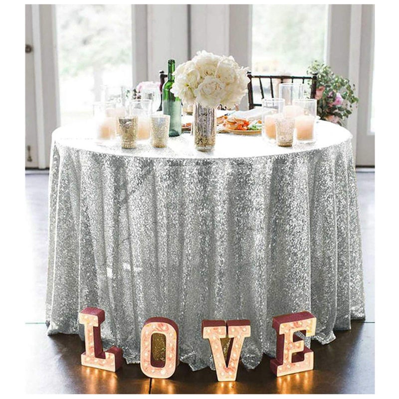 ShiDianYi Round Tablecloth Silver 72 Inch Sequin Tablecloth Glitter Dessert Cake Tablecloth Silver Sequin Table Cover Cloth Linen Polyester Sequin Overlay for Banquet Birthday Home Party Decoration