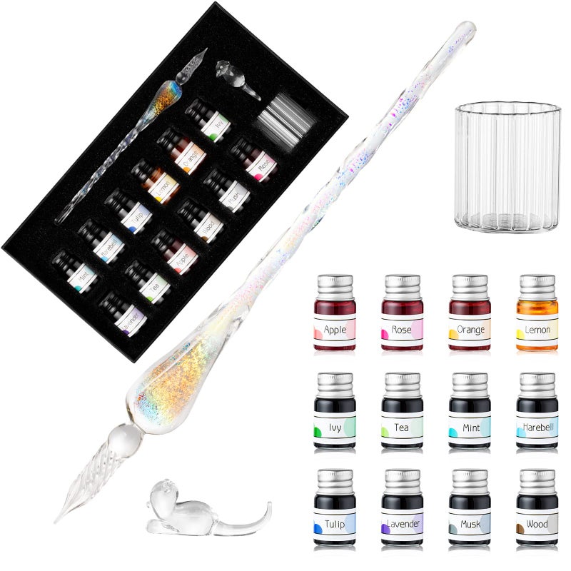 ESSSHOP Glass Dip Pen Calligraphy Fountain Pen Set 12 Colors Ink Glass Washing Cup Pen Holder Handmade Rainbow Crystal Glass Ink Pen for Art Writing Drawing Signatures Christmas Gifts